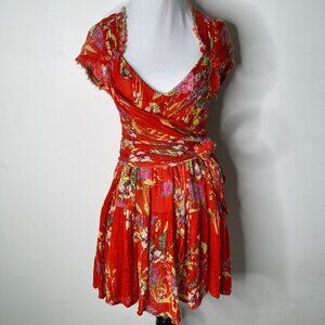 FP One Women's Orange Red Floral V-Neck Short Sleeve Wrap Mini Dress Size Small